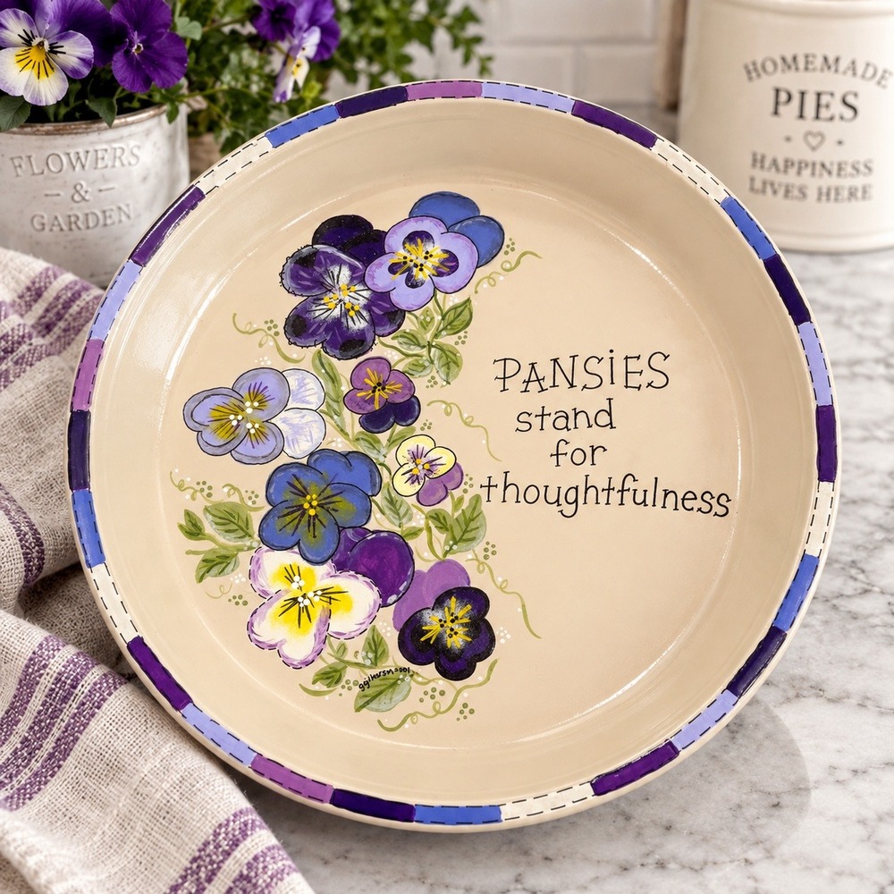 Hand Painted Pansy Pie Plate Deep Dish Signed 2001 Folk Art Cottage Garden Decor